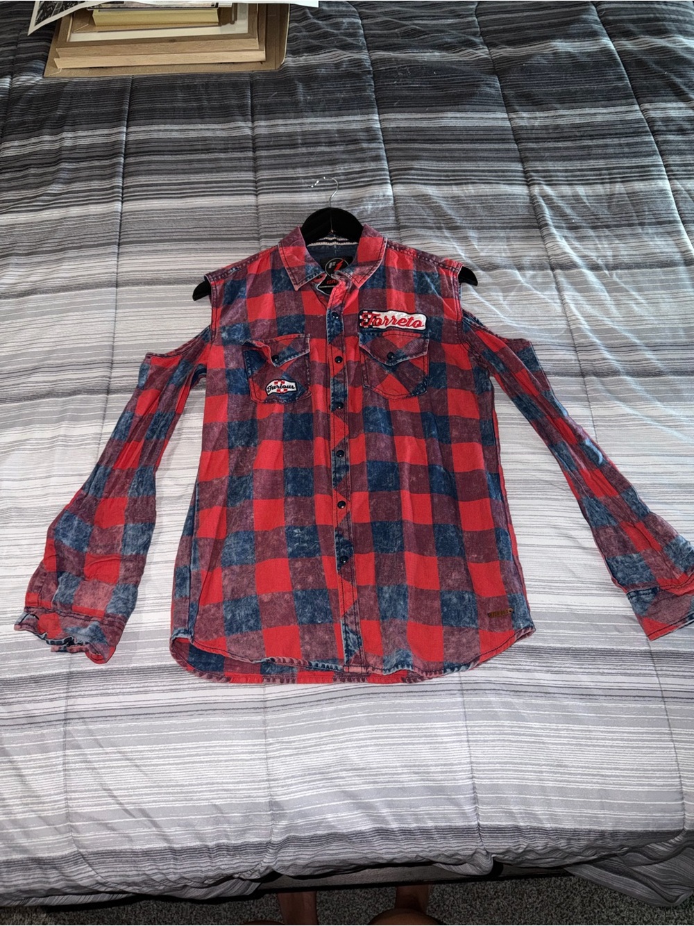 Buckle Red and Navy Plaid Cold-Shoulder Button-Down Shirt